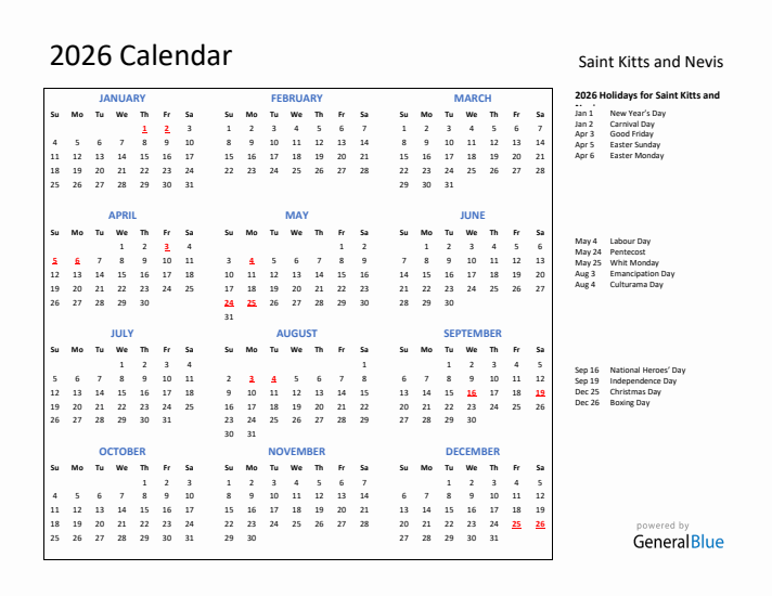 2026 Calendar with Holidays for Saint Kitts and Nevis
