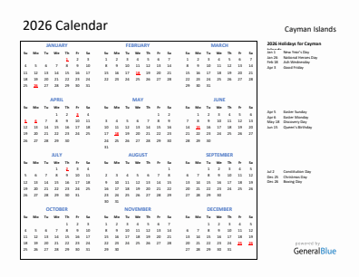 Cayman Islands current year calendar 2026 with holidays