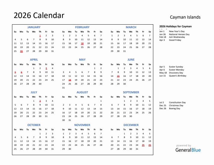 2026 Calendar with Holidays for Cayman Islands
