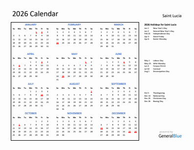 Saint Lucia current year calendar 2026 with holidays