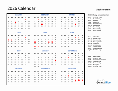 Liechtenstein current year calendar 2026 with holidays