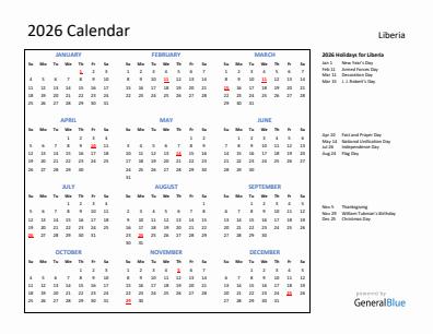 Liberia current year calendar 2026 with holidays