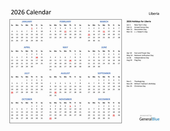 2026 Calendar with Holidays for Liberia