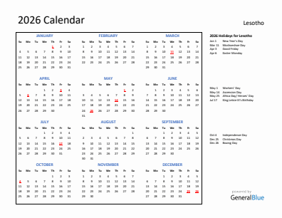 Lesotho current year calendar 2026 with holidays