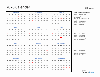 Lithuania current year calendar 2026 with holidays