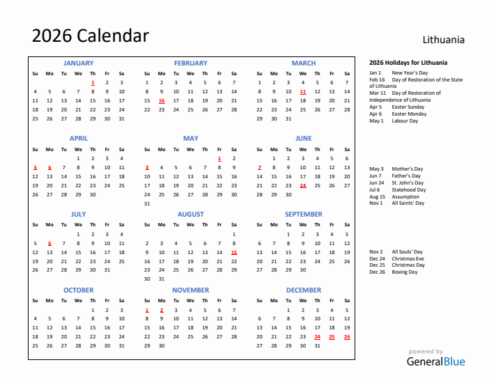 2026 Calendar with Holidays for Lithuania