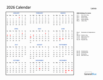 Latvia current year calendar 2026 with holidays