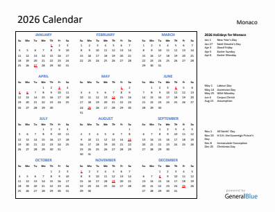 Monaco current year calendar 2026 with holidays