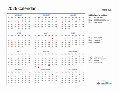 Moldova current year calendar 2026 with holidays