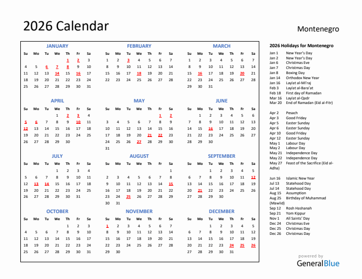 2026 Calendar with Holidays for Montenegro