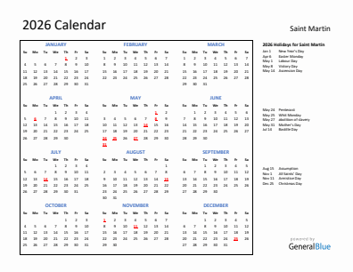 Saint Martin current year calendar 2026 with holidays