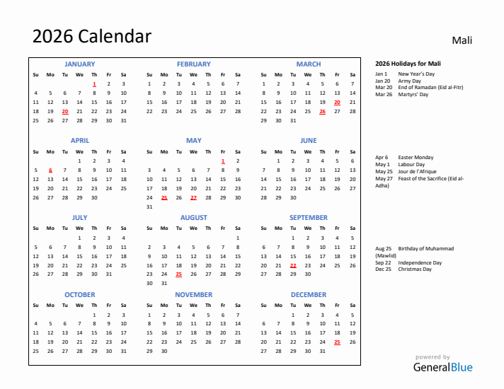 2026 Calendar with Holidays for Mali
