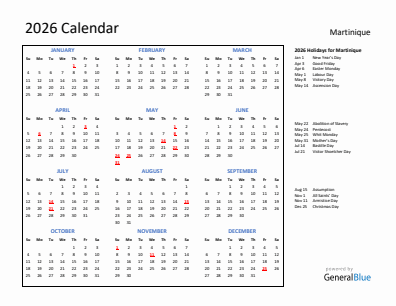 Martinique current year calendar 2026 with holidays