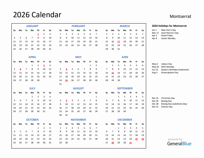 2026 Calendar with Holidays for Montserrat