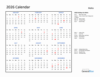Malta current year calendar 2026 with holidays