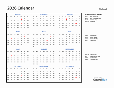 Malawi current year calendar 2026 with holidays