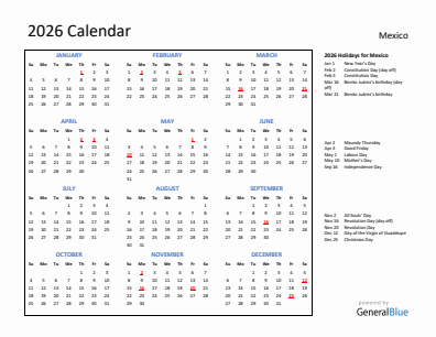 Mexico current year calendar 2026 with holidays