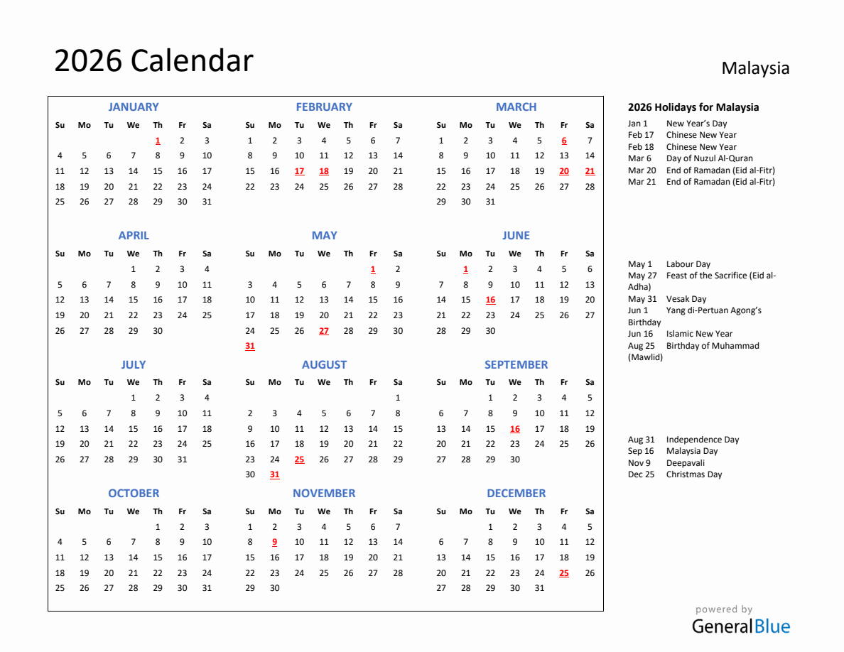2026 Calendar with Holidays for Malaysia