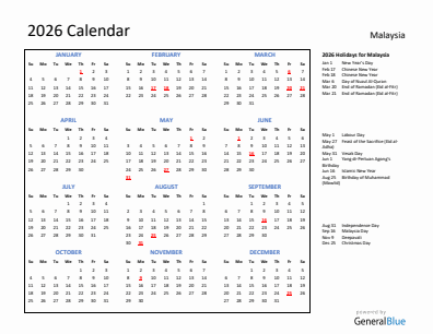 Malaysia current year calendar 2026 with holidays