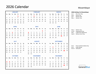 Mozambique current year calendar 2026 with holidays