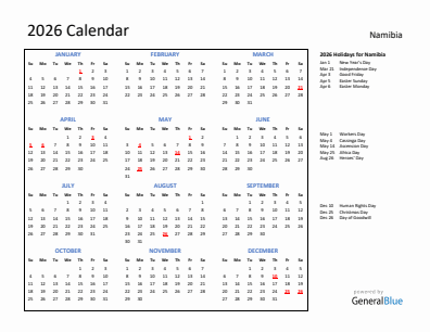 Namibia current year calendar 2026 with holidays