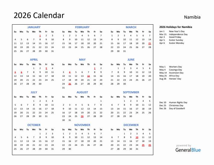 2026 Calendar With Holidays For Namibia