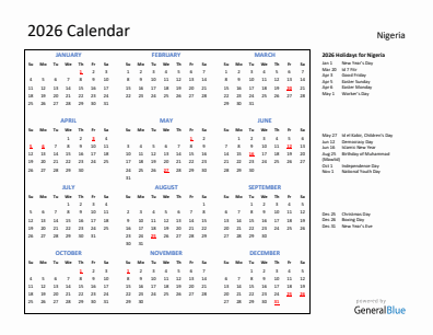 Nigeria current year calendar 2026 with holidays