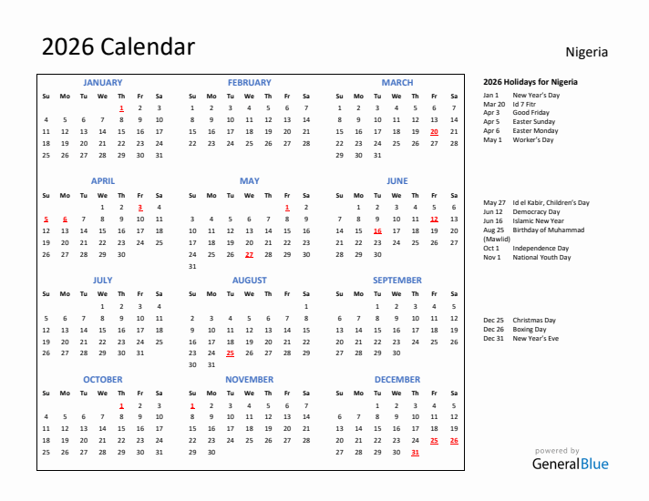 2026 Calendar with Holidays for Nigeria