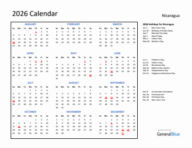 Nicaragua current year calendar 2026 with holidays