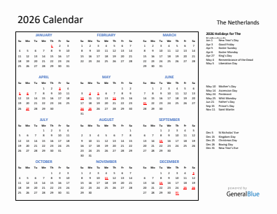 The Netherlands current year calendar 2026 with holidays