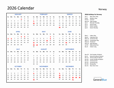 Norway current year calendar 2026 with holidays