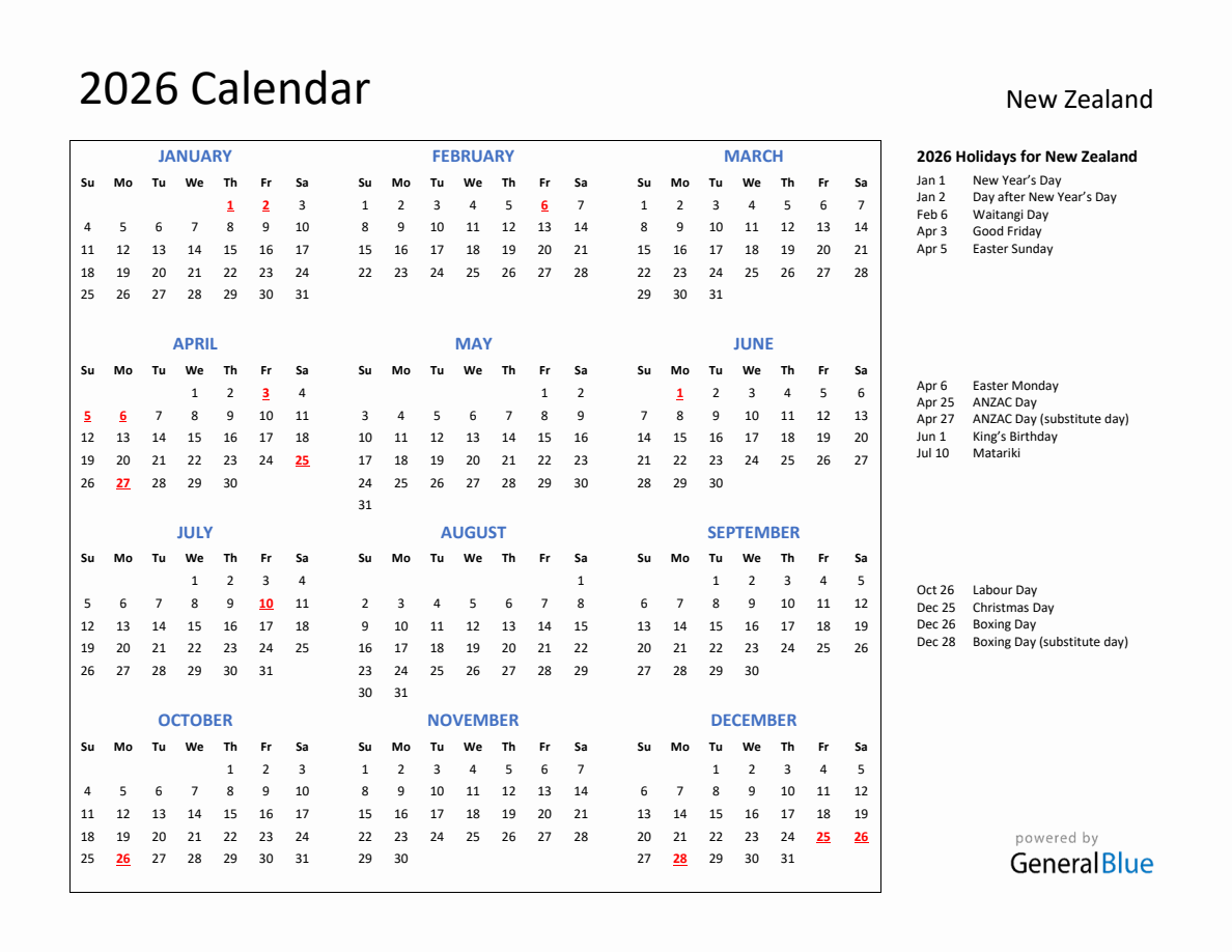 2026 Calendar with Holidays for New Zealand