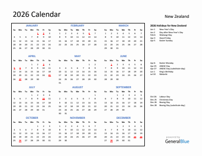 New Zealand current year calendar 2026 with holidays