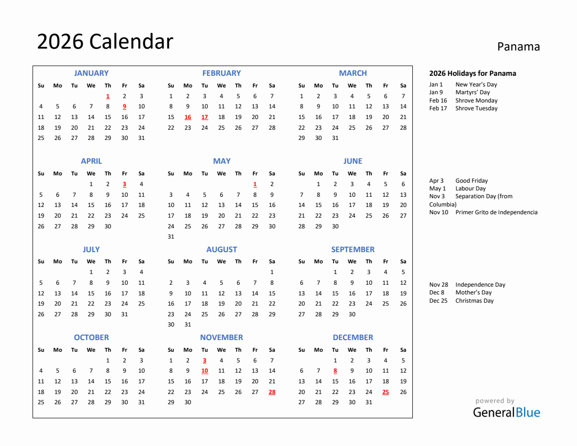 2026 Calendar with Holidays for Panama 2026 Calendar with Holidays for Panama
