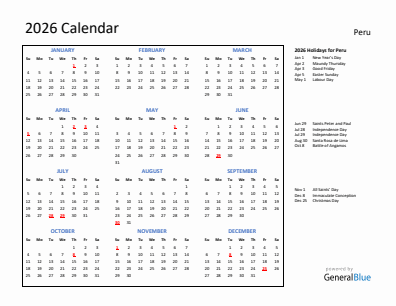 Peru current year calendar 2026 with holidays