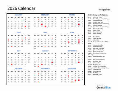 Philippines current year calendar 2026 with holidays