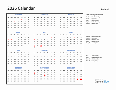 Poland current year calendar 2026 with holidays