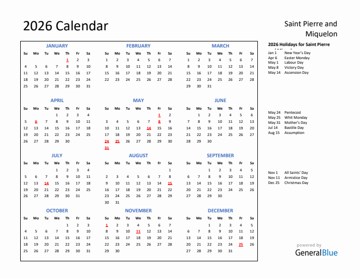2026 Calendar with Holidays for Saint Pierre and Miquelon