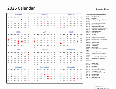 Puerto Rico current year calendar 2026 with holidays