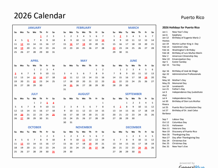 2026 Calendar with Holidays for Puerto Rico