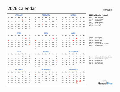 Portugal current year calendar 2026 with holidays