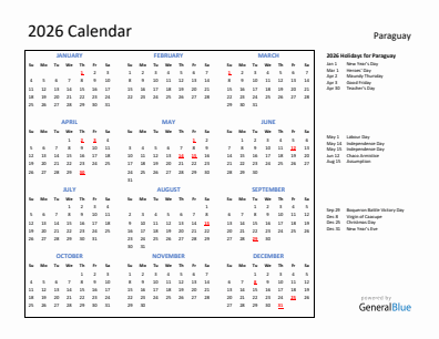 Paraguay current year calendar 2026 with holidays