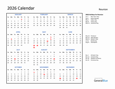 Reunion current year calendar 2026 with holidays