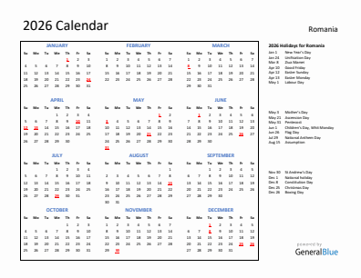 Romania current year calendar 2026 with holidays