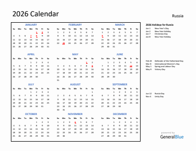 Russia current year calendar 2026 with holidays