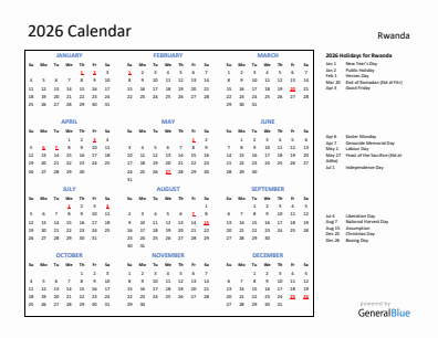 Rwanda current year calendar 2026 with holidays