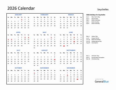 Seychelles current year calendar 2026 with holidays