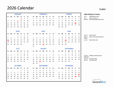 Sudan current year calendar 2026 with holidays