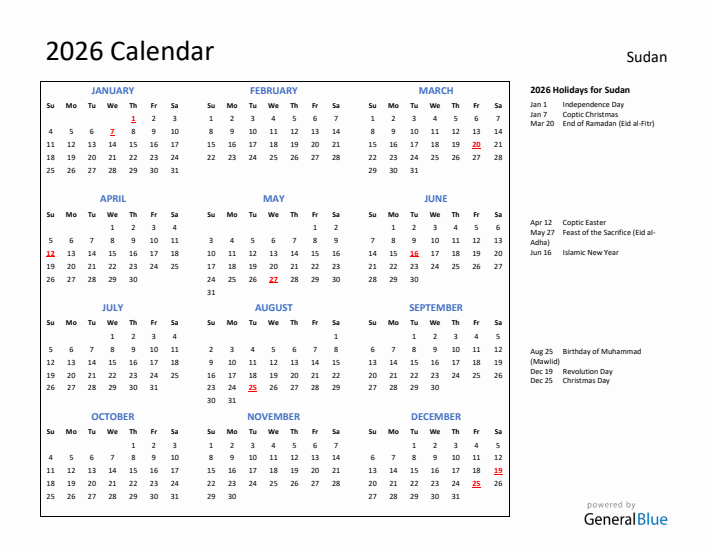 2026 Calendar with Holidays for Sudan