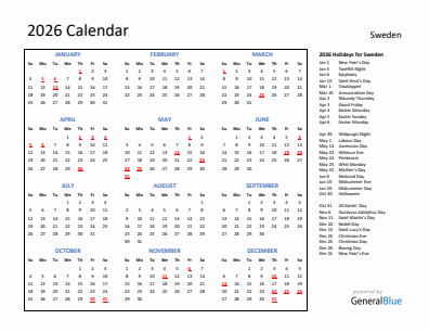 Sweden current year calendar 2026 with holidays